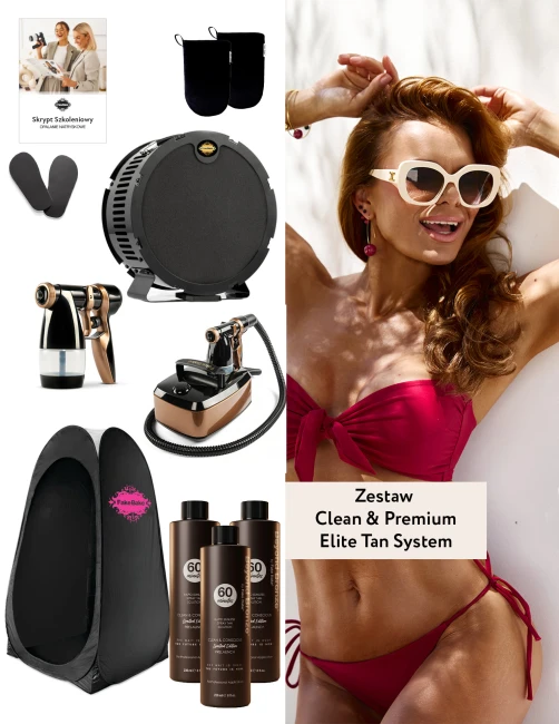 CLEAN & PREMIUM ELITE TAN SYSTEM - Zestaw do opalania natryskowego polecany przez Martę Gąską + pochłaniacz EXTRACTOR + Profesjonalne szkolenie